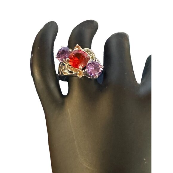 Silver Tone Womens Size 7  Costume Ruby Amethyst Gem Cluster Ring - Picture 11 of 15